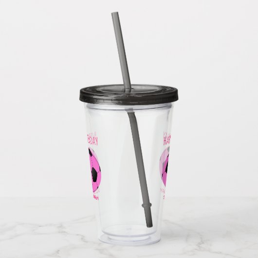 名前をカスタムする誕生日ガーリーピンクブラックサッカーボール アクリルタンブラー (左)