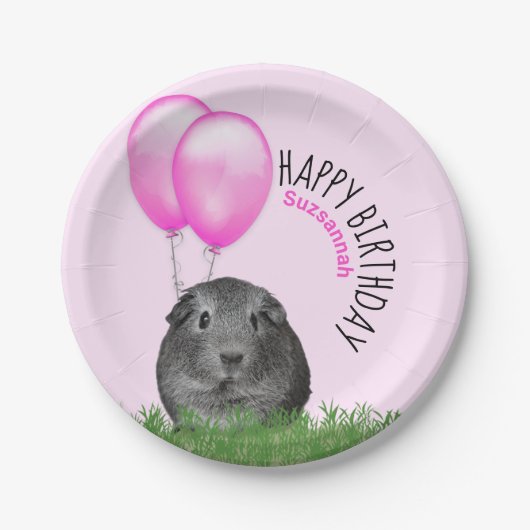 名前をカスタムする誕生日ギニアピッグピンクバルーン ペーパープレート (正面)