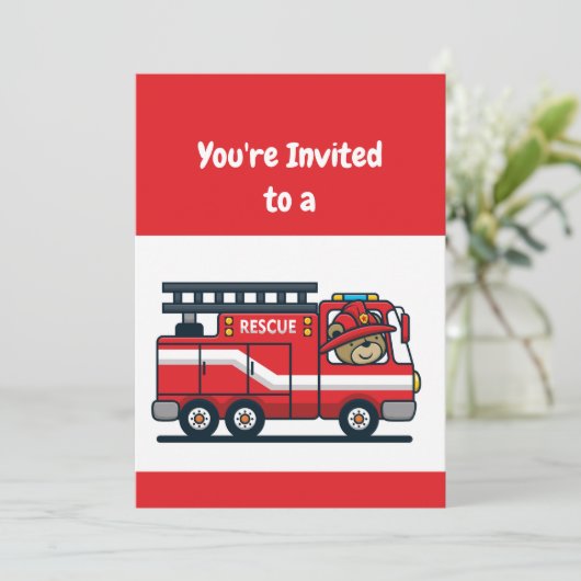 名前をカスタムする誕生日消防士の消防車のパーティー 招待状 (スタンド正面)