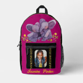 名前をカスタムする象グリッターレフティパープルスクール プリントバックパック (正面)