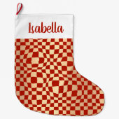 名前をカスタムする赤と金ゴールドパタ市松模様にーン ラージクリスマスストッキング (正面)