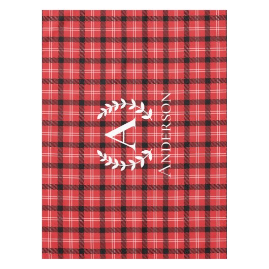 名前をカスタムする赤と黒の格子模様のクリスマス テーブルクロス (正面)
