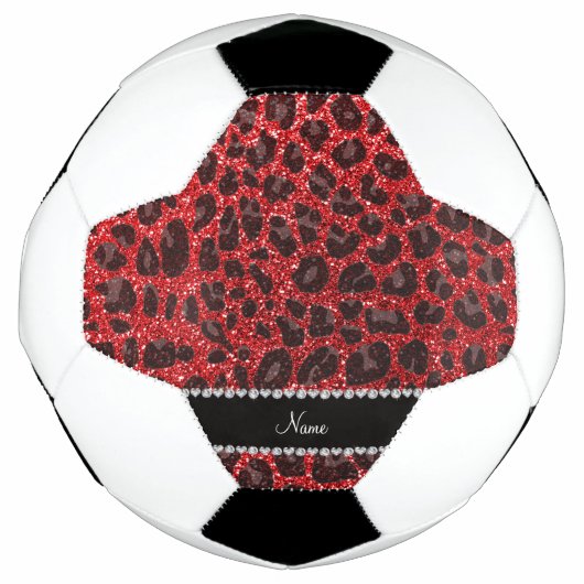 名前をカスタムする赤グリッターヒョウ サッカーボール (正面)