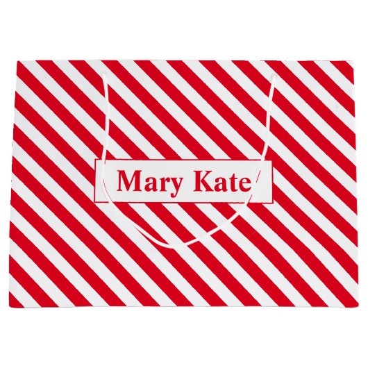 名前をカスタムする赤/白ストライプ色 ラージペーパーバッグ (正面)