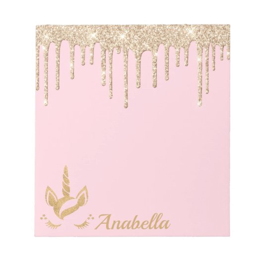 名前をカスタムする金ゴールドグリッタードリップススタースユニコーン ノートパッド (正面)