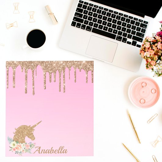 名前をカスタムする金ゴールドグリッタードリプスフローラユニコーン ノートパッド