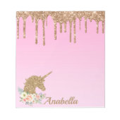 名前をカスタムする金ゴールドグリッタードリプスフローラユニコーン ノートパッド (正面)