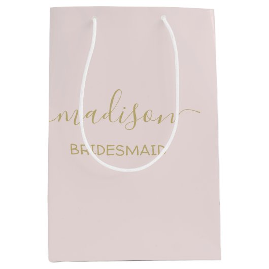 名前をカスタムする金ゴールドスクリプト書道赤面ピンク ミディアムペーパーバッグ (正面)