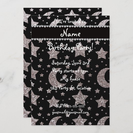 名前をカスタムする銀グリッターの星月 招待状 (正面/裏面)