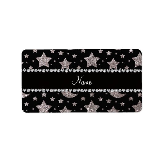 名前をカスタムする銀グリッター星と月 ラベル (正面)