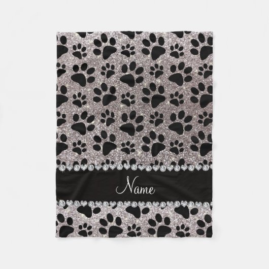 名前をカスタムする銀グリッター黒犬の手足 フリースブランケット (正面)