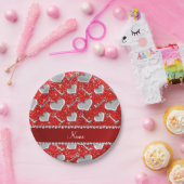 名前をカスタムする銀ハート鍵ネオンレッドグリッター ペーパープレート (パーティー)