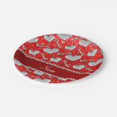 名前をカスタムする銀ハート鍵ネオンレッドグリッター ペーパープレート (アングル)