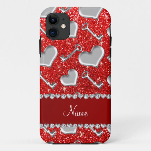 名前をカスタムする銀ハート鍵ネオンレッドグリッター Case-Mate iPhoneケース (裏面)