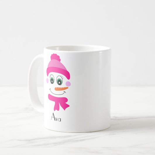 名前をカスタムする雪だるまスノーガールピンクハットとスカーフ コーヒーマグカップ (正面左)