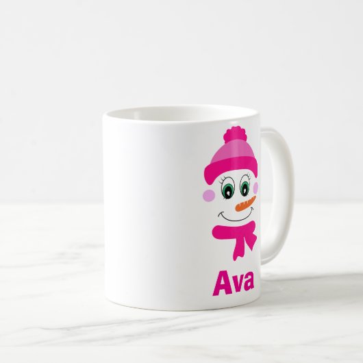 名前をカスタムする雪だるまスノーガールピンクハットとスカーフ コーヒーマグカップ (正面右)