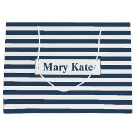 名前をカスタムする青/白ストライプ色 ラージペーパーバッグ