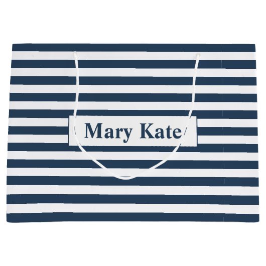 名前をカスタムする青/白ストライプ色 ラージペーパーバッグ (正面)