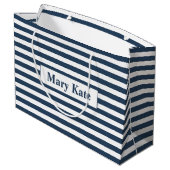 名前をカスタムする青/白ストライプ色 ラージペーパーバッグ (裏面アングル)