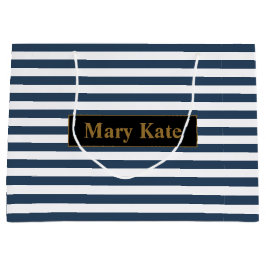 名前をカスタムする青/白ストライプ色 ラージペーパーバッグ