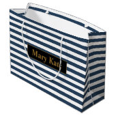 名前をカスタムする青/白ストライプ色 ラージペーパーバッグ (裏面アングル)