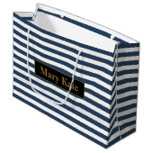 名前をカスタムする青/白ストライプ色 ラージペーパーバッグ (正面アングル)