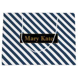 名前をカスタムする青/白ストライプ色 ラージペーパーバッグ