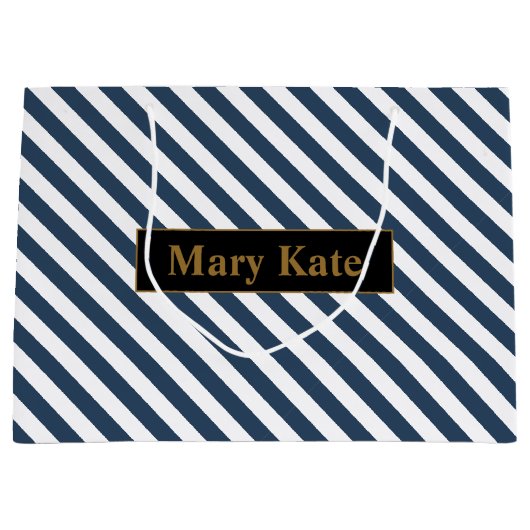 名前をカスタムする青/白ストライプ色 ラージペーパーバッグ (正面)