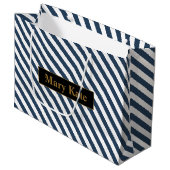 名前をカスタムする青/白ストライプ色 ラージペーパーバッグ (正面アングル)