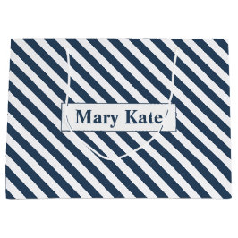 名前をカスタムする青/白ストライプ色 ラージペーパーバッグ