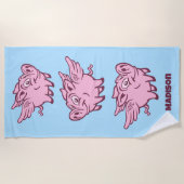 名前をカスタムする飛んでいる豚 ビーチタオル (正面)