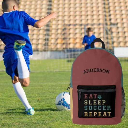 名前をカスタムする食べスリープサッカーリピート プリントバックパック