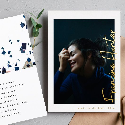 名前をカスタムする高校卒業金ゴールド 箔招待状