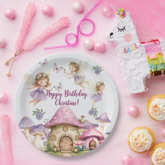 名前をカスタムする魔法フェアリーピンクマッシュルーム誕生日 ペーパープレート (パーティー)