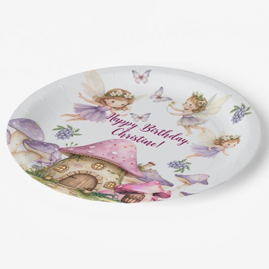 名前をカスタムする魔法フェアリーピンクマッシュルーム誕生日 ペーパープレート (アングル)