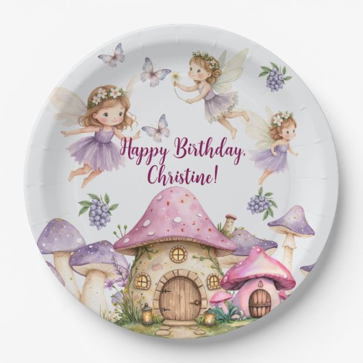 名前をカスタムする魔法フェアリーピンクマッシュルーム誕生日 ペーパープレート (正面)