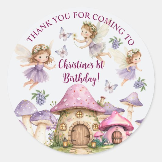 名前をカスタムする魔法フェアリーピンクマッシュルーム誕生日 ラウンドシール (正面)