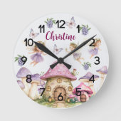 名前をカスタムする魔法フェアリーピンクマッシュルーム ラウンド壁時計 (正面)