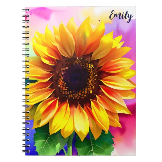 名前をカスタムする鮮やかエミリー付ひまわり手帳 ノートブック (正面)