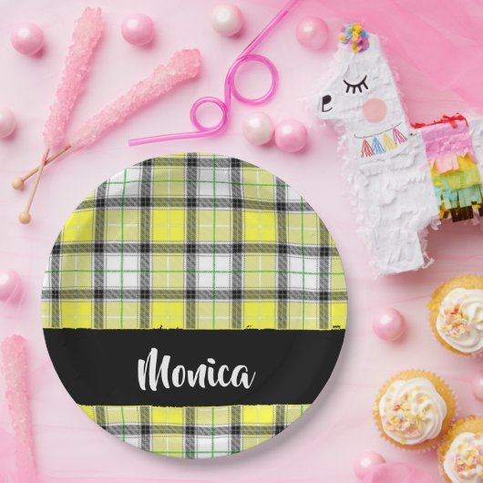 名前をカスタムする黄格子模様 ペーパープレート (パーティー)