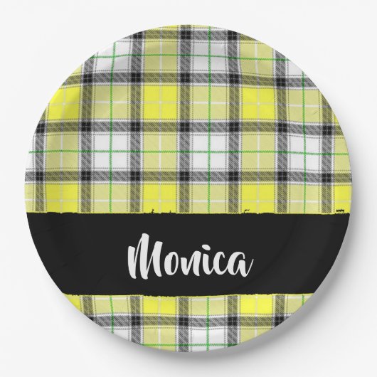 名前をカスタムする黄格子模様 ペーパープレート (正面)