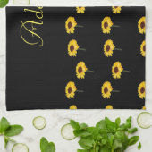 名前をカスタムする黄色のひまわり黒 キッチンタオル (折り畳み)
