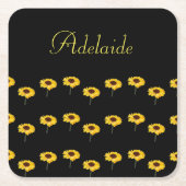 名前をカスタムする黄色のひまわり黒 スクエアペーパーコースター (正面)