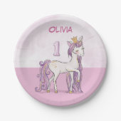 名前をカスタムする1歳の誕生日ピンクの馬と王冠 ペーパープレート (正面)
