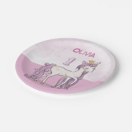 名前をカスタムする1歳の誕生日ピンクの馬と王冠 ペーパープレート