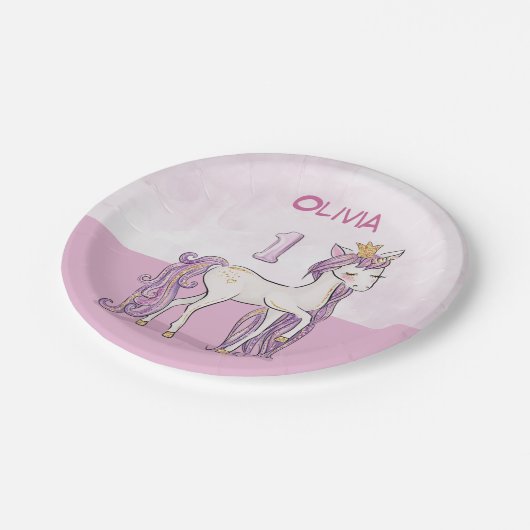 名前をカスタムする1歳の誕生日ピンクの馬と王冠 ペーパープレート (アングル)