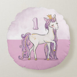 名前をカスタムする1歳の誕生日ピンクの馬と王冠 ラウンドクッション