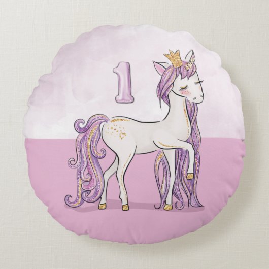名前をカスタムする1歳の誕生日ピンクの馬と王冠 ラウンドクッション (正面)