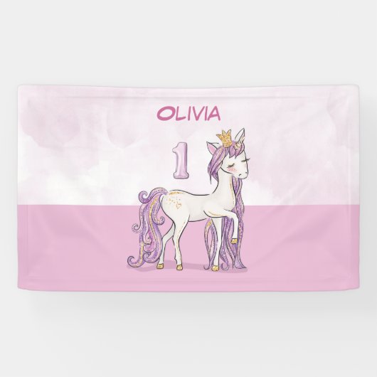 名前をカスタムする1歳の誕生日ピンクの馬と王冠 横断幕 (横)