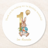 名前をカスタムする1歳の誕生日ピーター金ゴールド ラウンドペーパーコースター (正面)